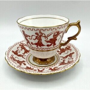 Vintage Taylor & Kent Bone China Tea Cup & Saucer Greek Figures Red Gold England
